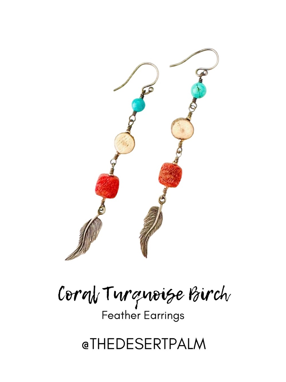 Wasabi Sponge Coral Turquoise Birch Feather Earrings
